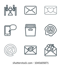 Mail icons. set of 9 editable outline mail icons such as box, arrow up, love letter, mail, message on phone