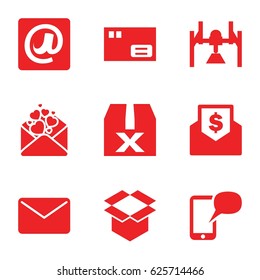 Mail icons set. set of 9 mail filled icons such as box, love letter, at email, message on phone, mail, envelope with dollar bill, question box
