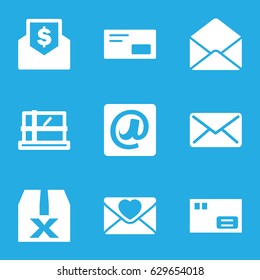 Mail icons set. set of 9 mail filled icons such as parcel, love letter, envelope, at email, mail, envelop, envelope with dollar bill