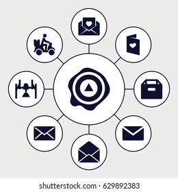 Mail icons set. set of 9 mail filled icons such as arrow up, courier on motorcycle, love letter, envelope, mail