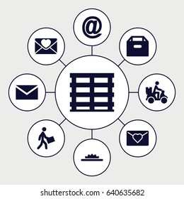 Mail icons set. set of 9 mail filled icons such as cargo box, courier, courier on motorcycle, love letter, camera wheel