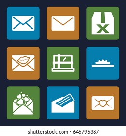 Mail icons set. set of 9 mail filled icons such as parcel, love letter, mail, letter, camera wheel