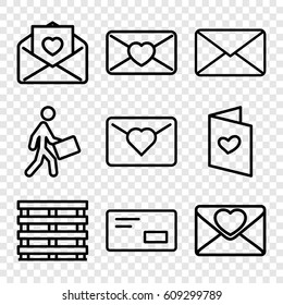 Mail icons set. set of 9 mail outline icons such as cargo box, courier, love letter, mail