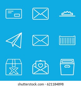 Mail icons set. set of 9 mail outline icons such as paper airplane, cargo box, love letter, box, mail, camera wheel, envelop
