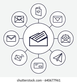 Mail icons set. set of 9 mail outline icons such as paper airplane, love letter, letter, envelop