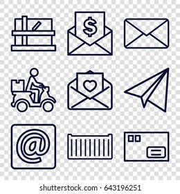Mail icons set. set of 9 mail outline icons such as parcel, paper airplane, cargo box, courier on motorcycle, love letter, at email, mail