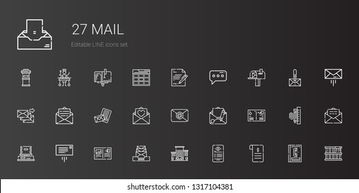 mail icons set. Collection of mail with contract, office, email, postcard, message, box, love letter, mailbox, phone book, stationary, web, large. Editable and scalable mail icons.