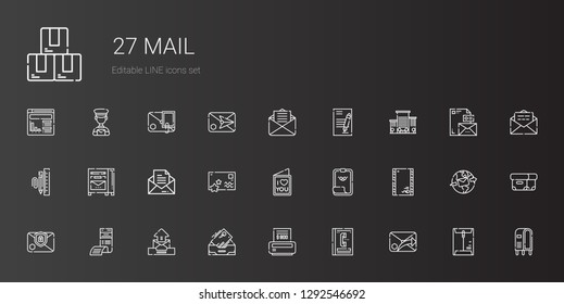 mail icons set. Collection of mail with email, phone book, bill, inbox, envelope, paper clip, love letter, postcard, message, mailbox, stationary. Editable and scalable mail icons.