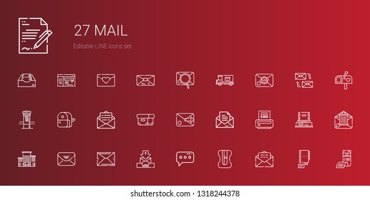 mail icons set. Collection of mail with email, sharpener, message, envelope, office, bill, box, mailbox, mail truck, contact, mailing, love letter. Editable and scalable icons.