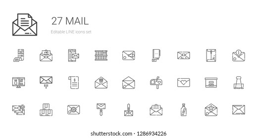 Mail Icons Set. Collection Of Mail With Message In A Bottle, Email, Box, Love Letter, Mailbox, Contract, Message, Website, Contact, Paper Clip. Editable And Scalable Mail Icons.