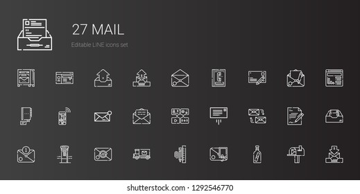 Mail Icons Set. Collection Of Mail With Message In A Bottle, Email, Stationary, Mail Truck, Mailbox, Mailing, Message, Navigation, Contact, Postcard. Editable And Scalable Icons.