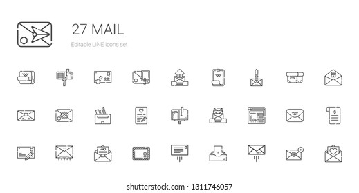 mail icons set. Collection of mail with message, inbox, envelope, email, postcard, website, mailbox, love letter, box, paper clip, contract. Editable and scalable mail icons.