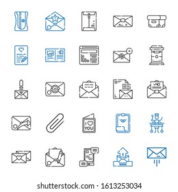 mail icons set. Collection of mail with message, email, communications, love letter, large, paper clip, clip, stationary, mailbox, website, postcard. Editable and scalable mail icons.