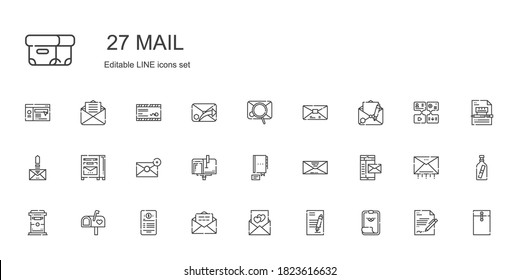 Mail Icons Set. Collection Of Mail With Paper Clip, Contract, Love Letter, Email, Mailbox, Envelope, Contact, Message In A Bottle, Message, Website. Editable And Scalable Mail Icons.