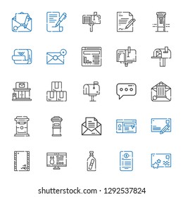 mail icons set. Collection of mail with postcard, contract, message in a bottle, website, envelope, message, letterbox, mailbox, email, box. Editable and scalable mail icons.