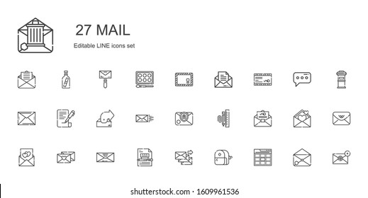 mail icons set. Collection of mail with web, sharpener, email, contract, envelope, love letter, stationary, outbox, message, letterbox, watercolor. Editable and scalable mail icons.