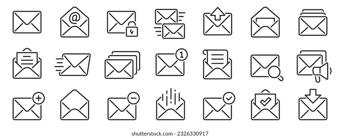 Iconos de correo. Correo electrónico y mensajes SMS conjunto simple. Envuelve el estilo de la línea de colección grande. Esbozar sobres cerrados y abiertos con letras - vector stock.