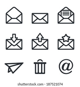 Mail icons set: Envelope, plane, shopping and other