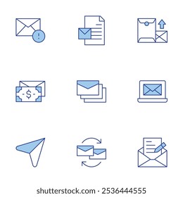 Mail icons set. Line Duotone style, editable stroke. correspondence, email, envelope, laptop, notification, salary, send.