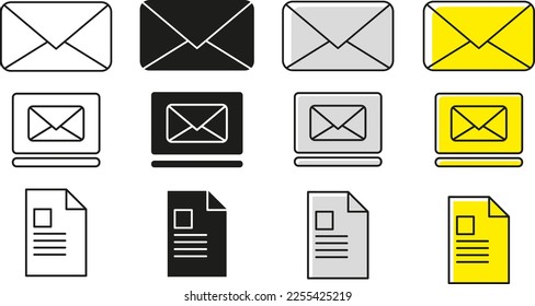 Mail icons set. Set of linear, black and colored icons. E-mail, letter, documents