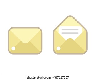 Mail icons set. Open, closed envelope. Vector. Yellow color. Cute colorful design.