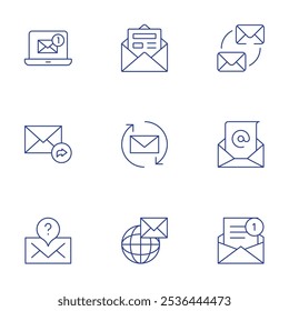 Conjunto de iconos de correo. Estilo de línea delgada, trazo editable. correo, conversación, correo electrónico, boletín, respuesta, en todo el mundo.