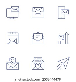 Ícones de email definidos. Estilo Linha Fina, traço editável. email, plano de papel, emails, mail, estatísticas.