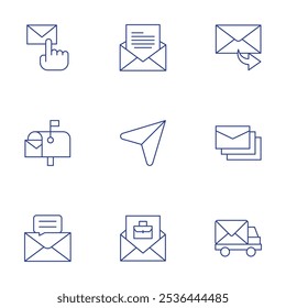 Mail icons set. Thin Line style, editable stroke. email, forward message, message, hired, mail truck, mailbox, send.