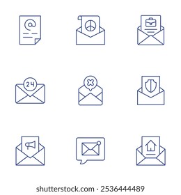 E-Mail-Symbole festgelegt. Stil der dünnen Linie, bearbeitbarer Strich. E-Mail, E-Mail-Marketing, Brief, Post.