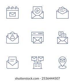 Ícones de email definidos. Estilo de linha fina, traço editável. calendário, e-mail, e-mails, carta de amor, e-mail.