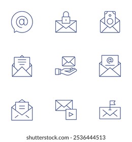Mail icons set. Thin Line style, editable stroke. at, email, open, email marketing, flag.