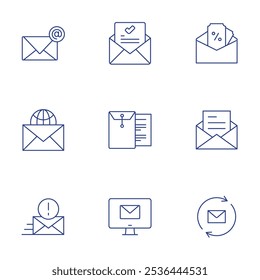 Conjunto de iconos de correo. Estilo de línea delgada, trazo editable. aceptación, dossier, correo electrónico, Cupón, correo.
