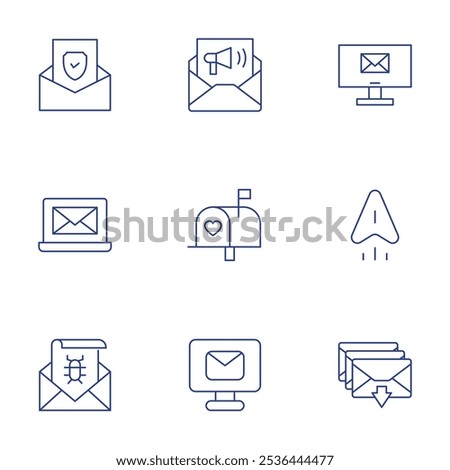 Mail icons set. Thin Line style, editable stroke. email, protected, message, inbox, spam, laptop, mailbox, sent.