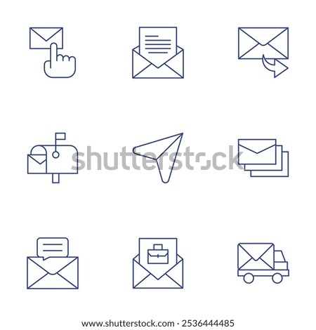 Mail icons set. Thin Line style, editable stroke. email, forward message, message, hired, mail truck, mailbox, send.