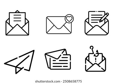 Los íconos de correo establecen la Ilustración vectorial. contienen información como correo electrónico, mensaje, contacto y más