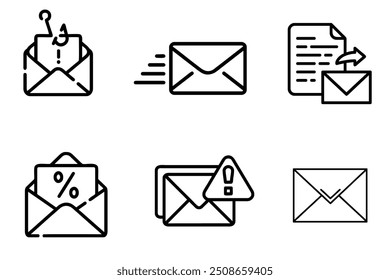 Los íconos de correo establecen la Ilustración vectorial. contienen información como correo electrónico, mensaje, contacto y más
