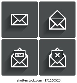 Mail icons. Mail spam symbol. Delete. Letter in envelope. Set of signs for messages. Vector illustration.