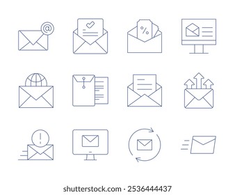 Iconos de correo. Estilo de línea delgada, carrera editable. aceptación, dossier, correo electrónico, Cupón, marketing por correo electrónico, express, correo.