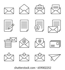 Mail icons: thin monochrome icon set, black and white kit