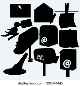 Mail icons and US post office box. Isolated on blue background. Vector silhouettes