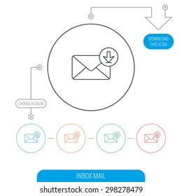 Mail inbox icon. Email message sign. Download arrow symbol. Line circle buttons. Download arrow symbol. Vector