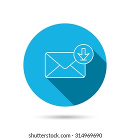 Mail inbox icon. Email message sign. Download arrow symbol. Blue flat circle button with shadow. Vector