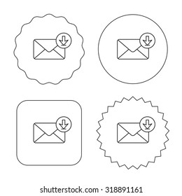 Mail inbox icon. Email message sign. Download arrow symbol. Flat circle, star and emblem buttons. Labels design. Vector