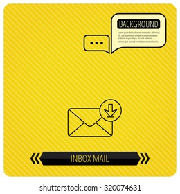 Mail inbox icon. Email message sign. Download arrow symbol. Chat speech bubbles. Orange line background. Vector