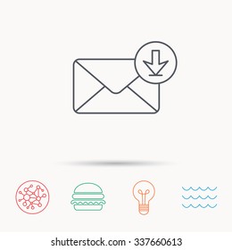 Mail inbox icon. Email message sign. Download arrow symbol. Global connect network, ocean wave and burger icons. Lightbulb lamp symbol.