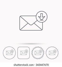 Mail inbox icon. Email message sign. Download arrow symbol. Linear circle, square and star buttons with icons.