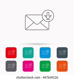 Mail inbox icon. Email message sign. Download arrow symbol. Linear icons in squares on white background. Flat web symbols. Vector