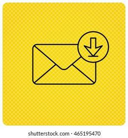Mail inbox icon. Email message sign. Download arrow symbol. Linear icon on orange background. Vector