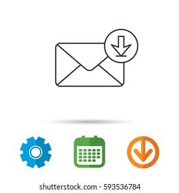 Mail inbox icon. Email message sign. Download arrow symbol. Calendar, cogwheel and download arrow signs. Colored flat web icons. Vector