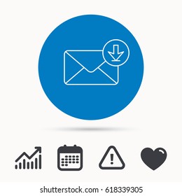Mail inbox icon. Email message sign. Download arrow symbol. Calendar, attention sign and growth chart. Button with web icon. Vector